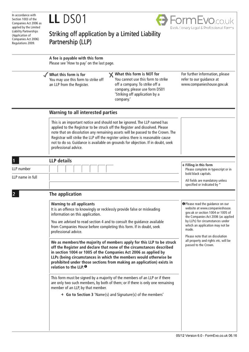 LL DS01 Striking off application by a Limited Liability Partnership LLP Section 1003