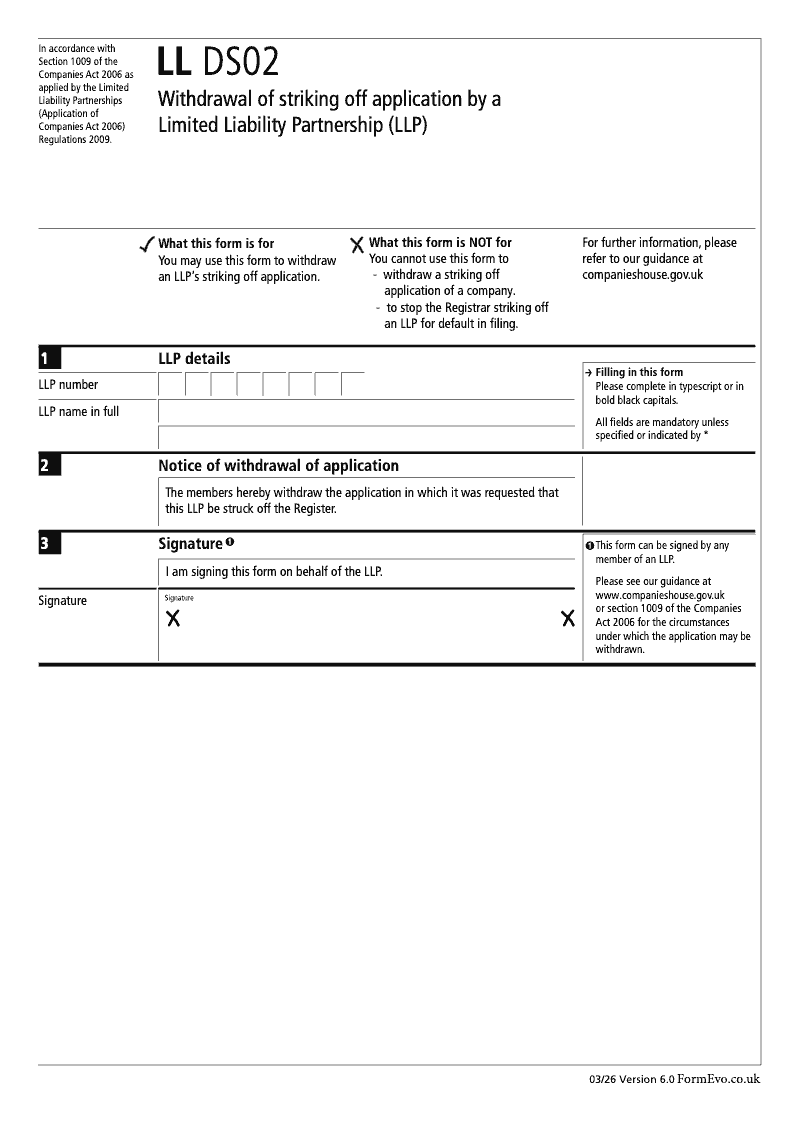 LL DS02 Withdrawal of striking off application by a Limited Liability Partnership LLP Section 1009