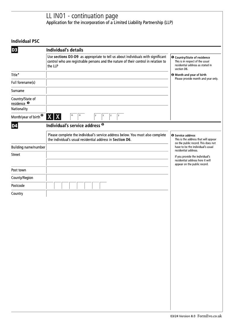 LL IN01 Continuation Page 3 Section D Individual person with significant control PSC continuation page LLIN01 Application for the incorporation of a Limited Liability Partnership LLP preview