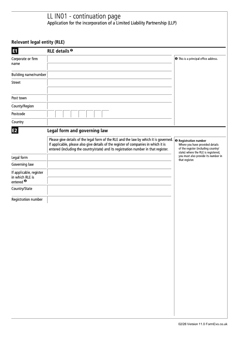 LL IN01 Continuation Page 4 Section E Relevant legal entity RLE continuation page LLIN01 Application for the incorporation of a Limited Liability Partnership LLP preview