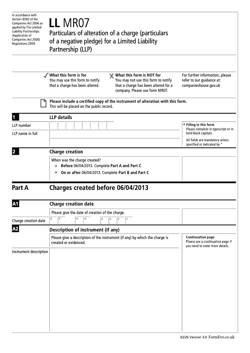 LL MR07 Particulars of alteration of a charge particulars of a negative pledge for a Limited Liability Partnership LLP Section 859O preview