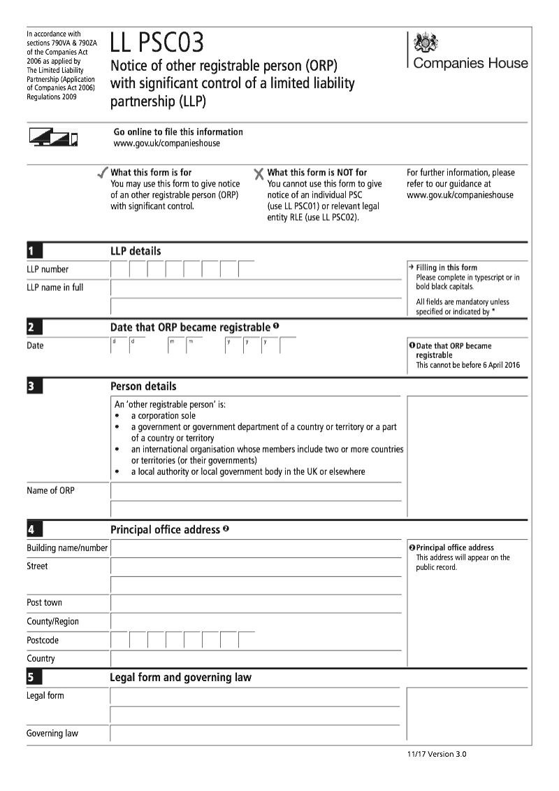 LL PSC03 Notice of other registrable person ORP with significant control of a limited liability partnership LLP Section 790K and 790ZA of the Companies Act 2006 preview