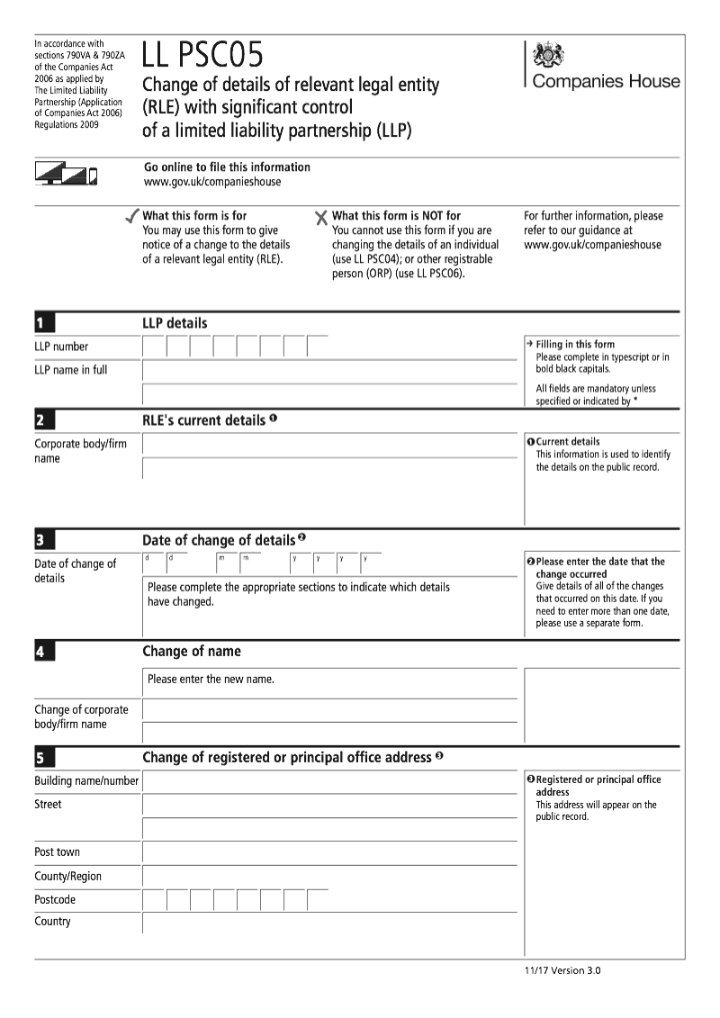 LL PSC05 Change of details of relevant legal entity RLE with significant control of a limited liability partnership LLP Section 790M and 790ZA of the Companies Act 2006 preview
