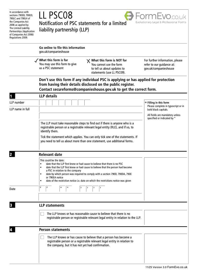 LL PSC08 Notification of PSC statements for a limited liability partnership LLP Section 790M and 790ZA of the Companies Act 2006 preview
