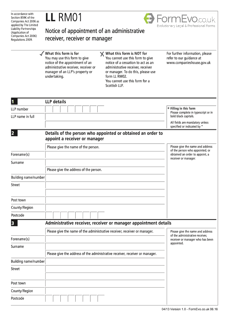 LL RM01 Notice of appointment of an administrative receiver receiver or manager Limited Liability Partnership LLP Section 859K preview