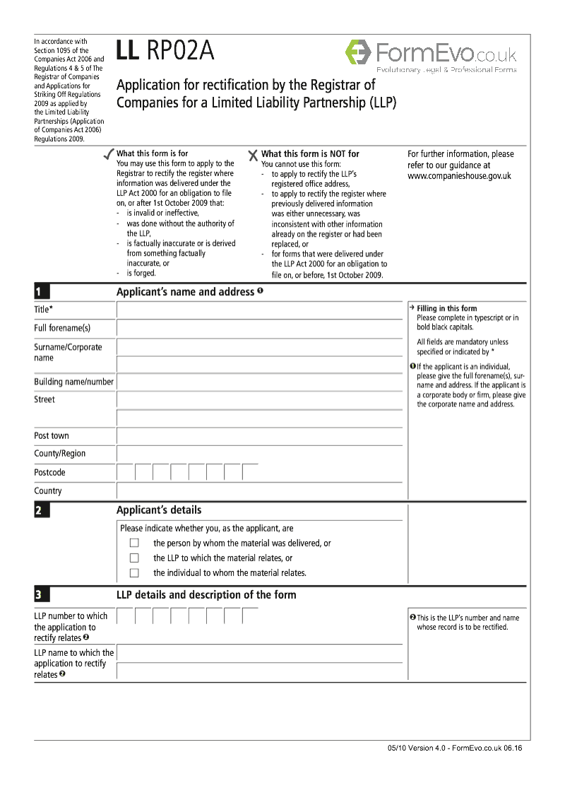 LL RP02A Application for rectification by the Registrar of Companies for a Limited Liability Partnership LLP preview