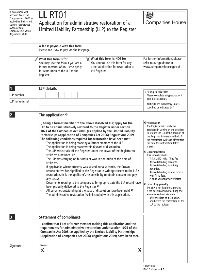 LL RT01 Application for administrative restoration of a Limited Liability Partnership LLP to the Register preview