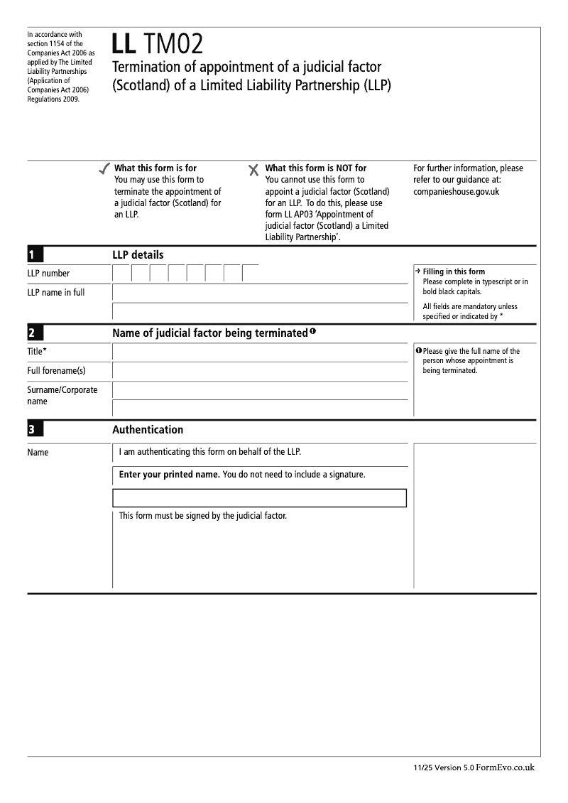 LL TM02 Termination of appointment of a judicial factor Scotland of a Limited Liability Partnership LLP preview