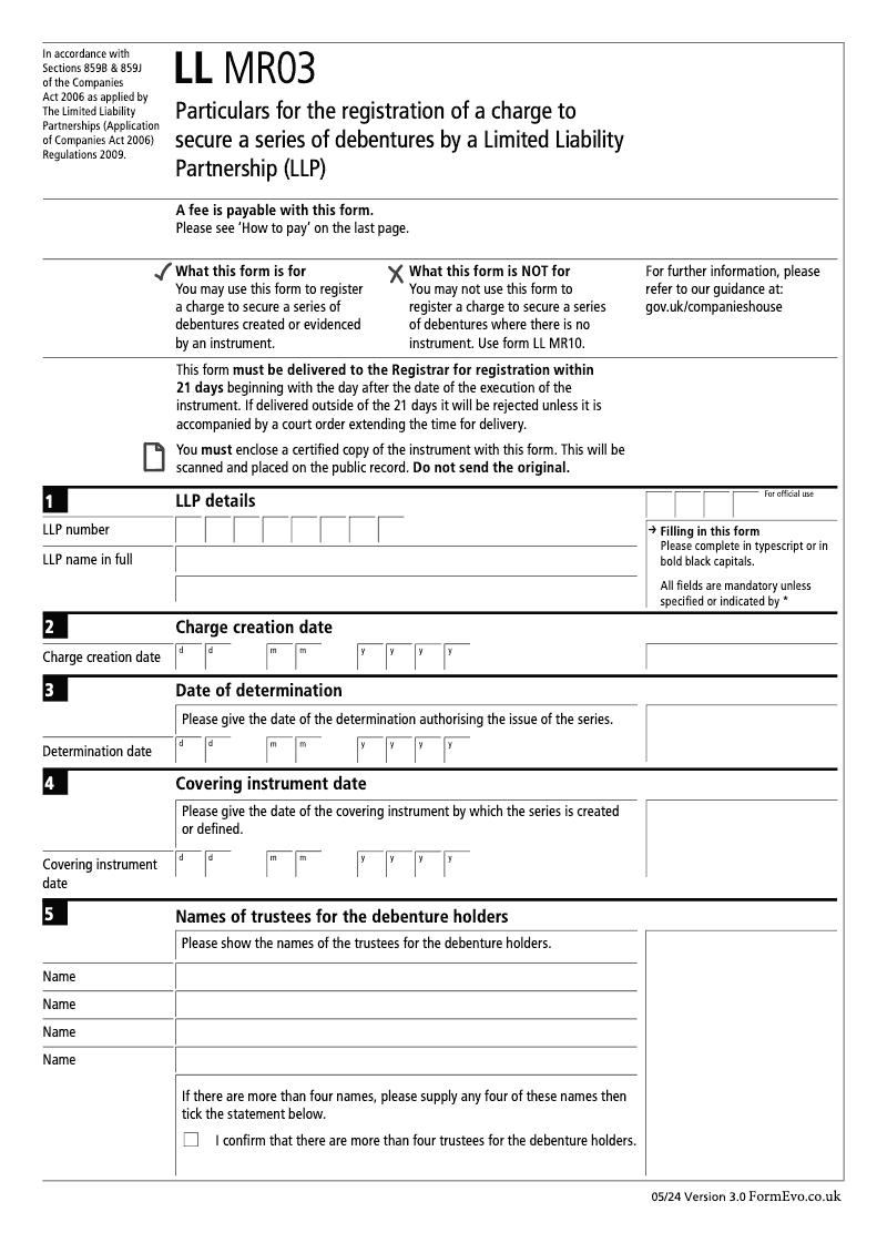 LLMR03 Particulars for the registration of a charge preview