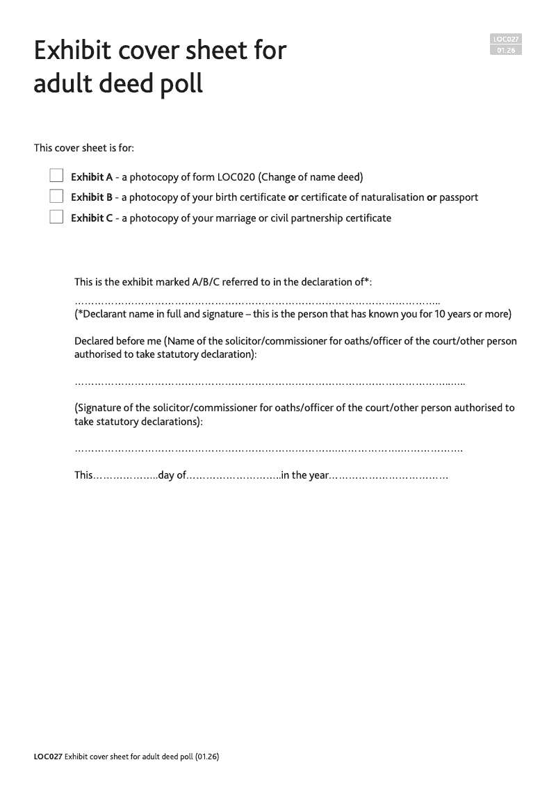 LOC027 Exhibit cover sheet for adult deed poll preview