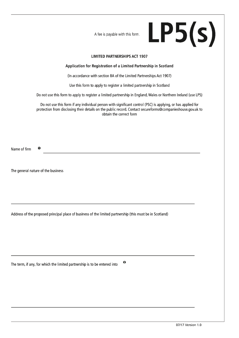 LP5 S Application for Registration of a Limited Partnership in Scotland In accordance with section 8A of the Limited Partnerships Act 1907 preview