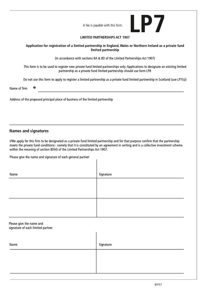 LP7 Application for registration of a limited partnership as a private fund limited partnership In accordance with sections 8A 8D of the Limited Partnerships Act 1907 preview