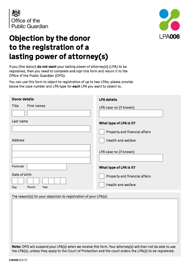 LPA 006 Objection by the donor to the registration of a lasting power of attorney preview