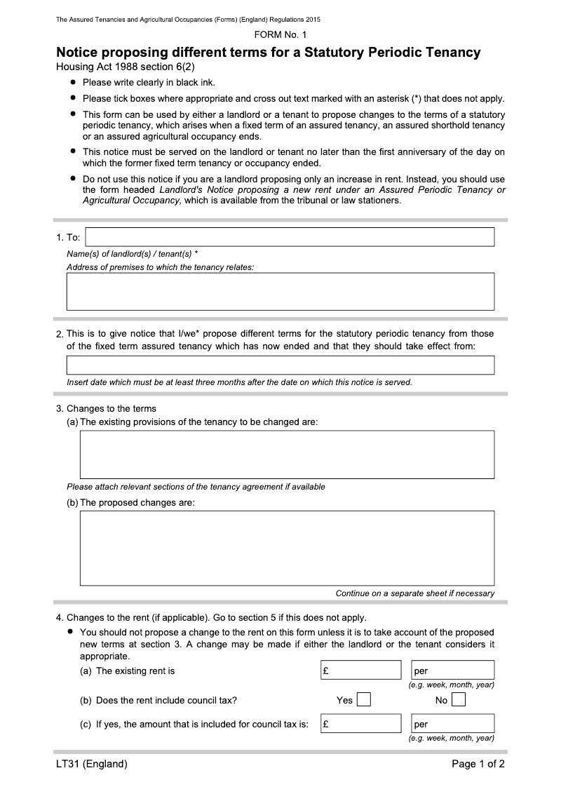LT31 Notice proposing different terms for a statutory periodic tenancy - preview