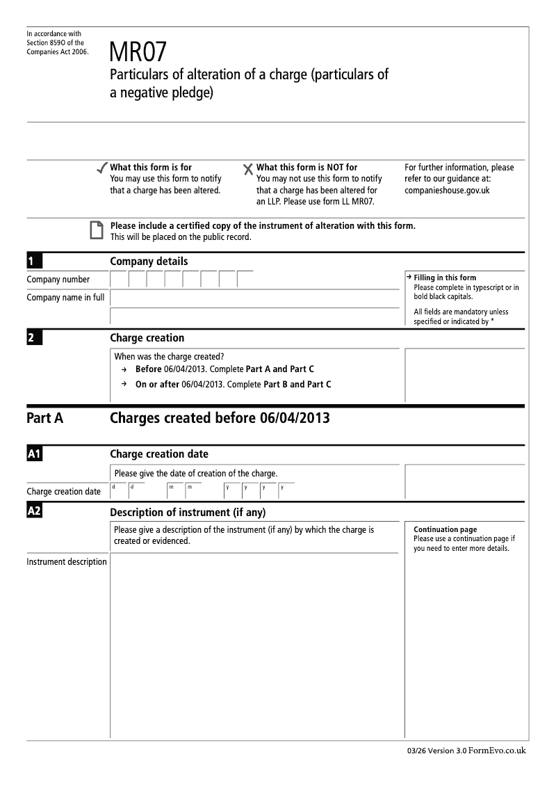 MR07 Particulars of alteration of a charge particulars of a negative pledge Section 859O preview
