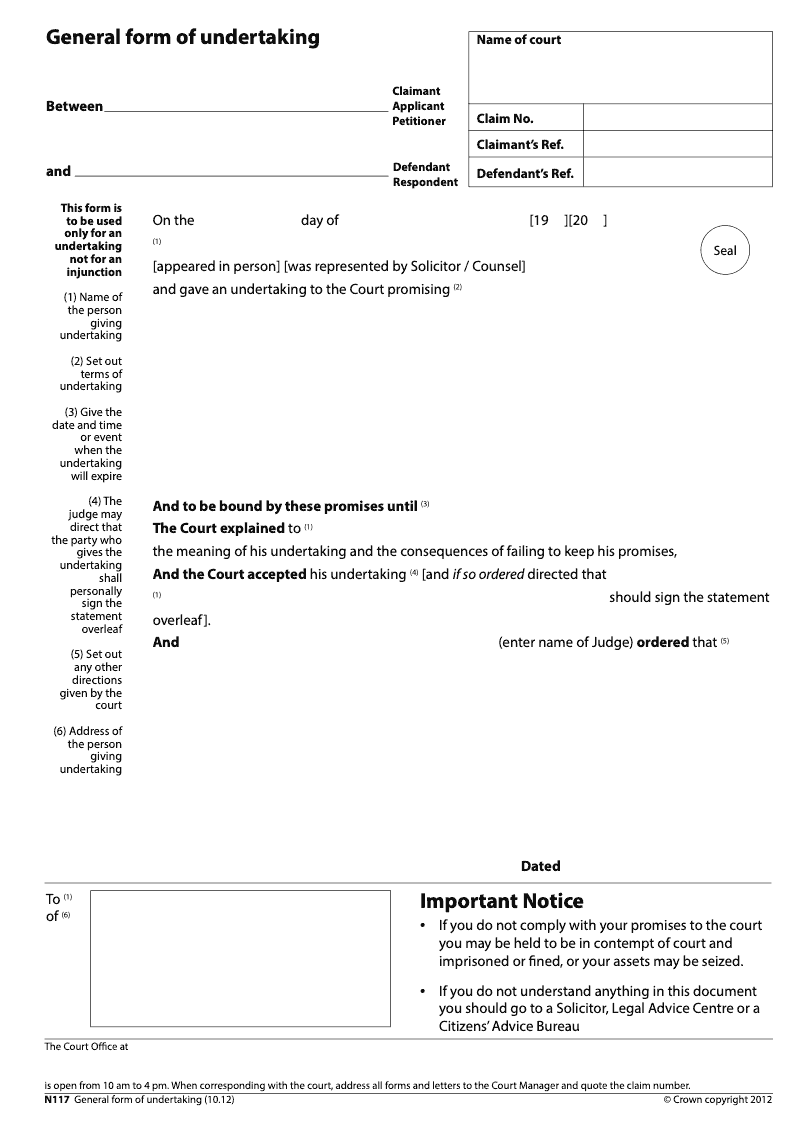 N117 General form of undertaking electronic signature available preview