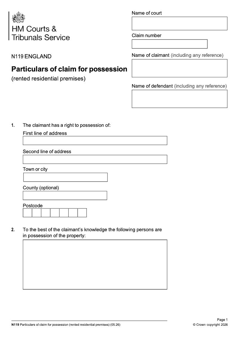 N119 Particulars of claim for possession rented residential premises preview