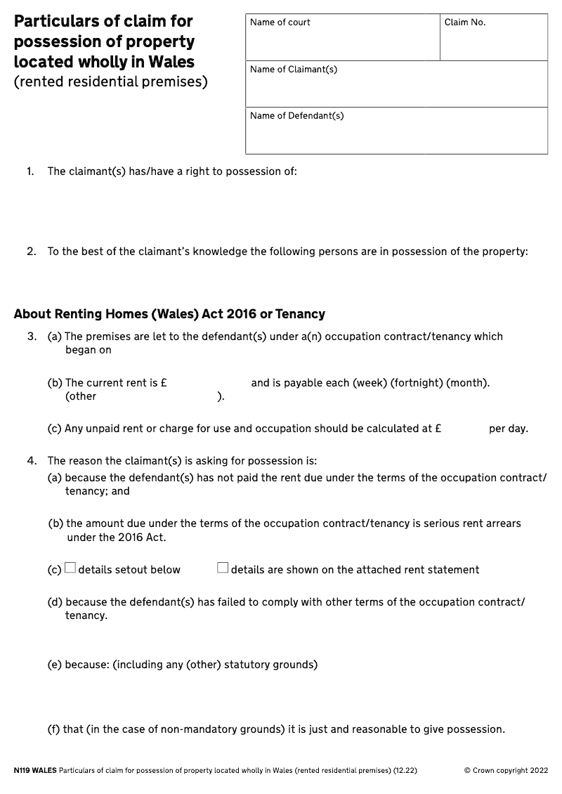 N119 Wales Particulars of claim for possession of property located wholly in Wales rented residential premises electronic signature available preview