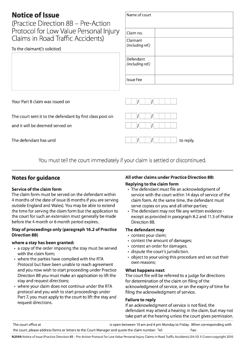 N209A Notice of Issue Practice Direction 8B Pre Action Protocol for low value Personal Injury claims in Road Traffic Accidents preview