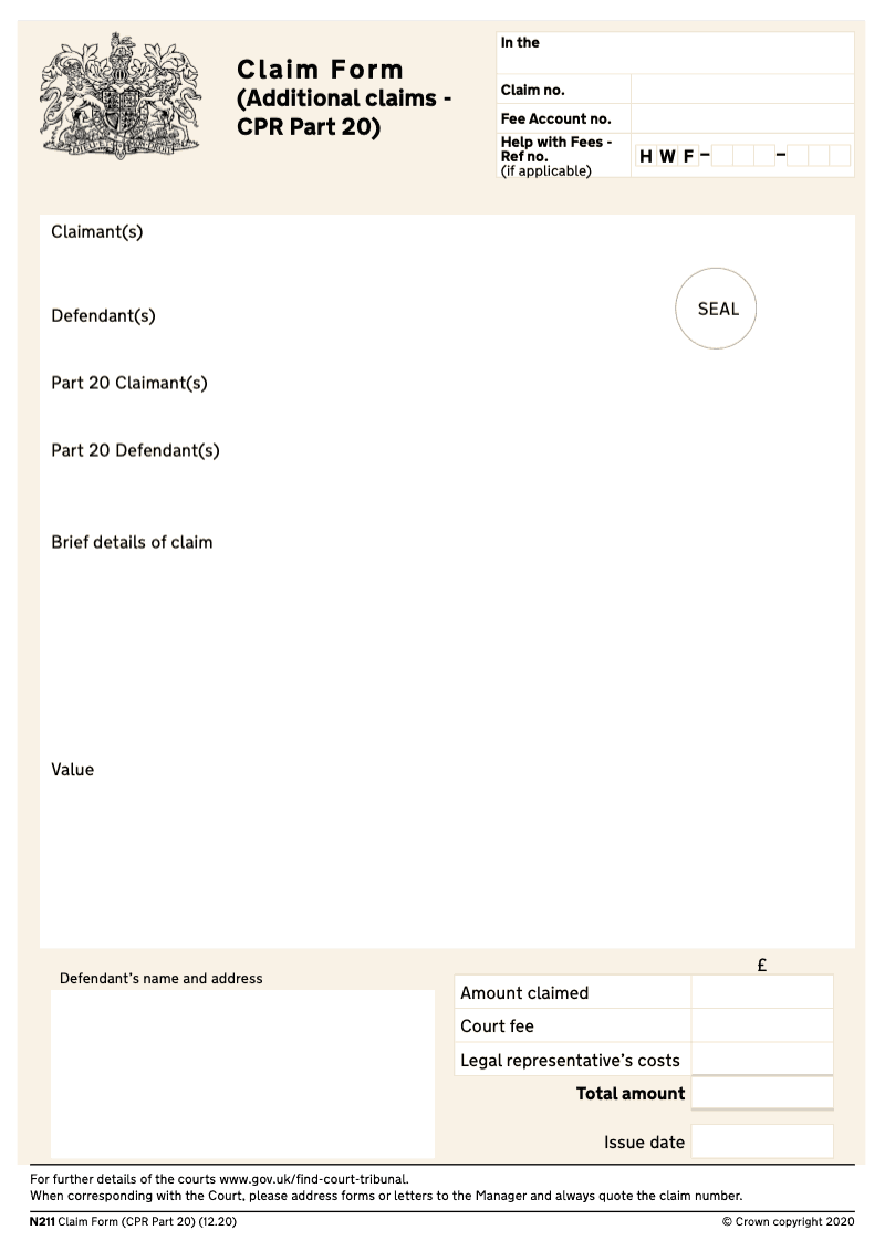 N211 Claim Form Additional claims CPR Part 20 preview