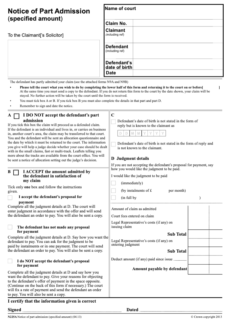 N225A Notice of part admission specified amount preview