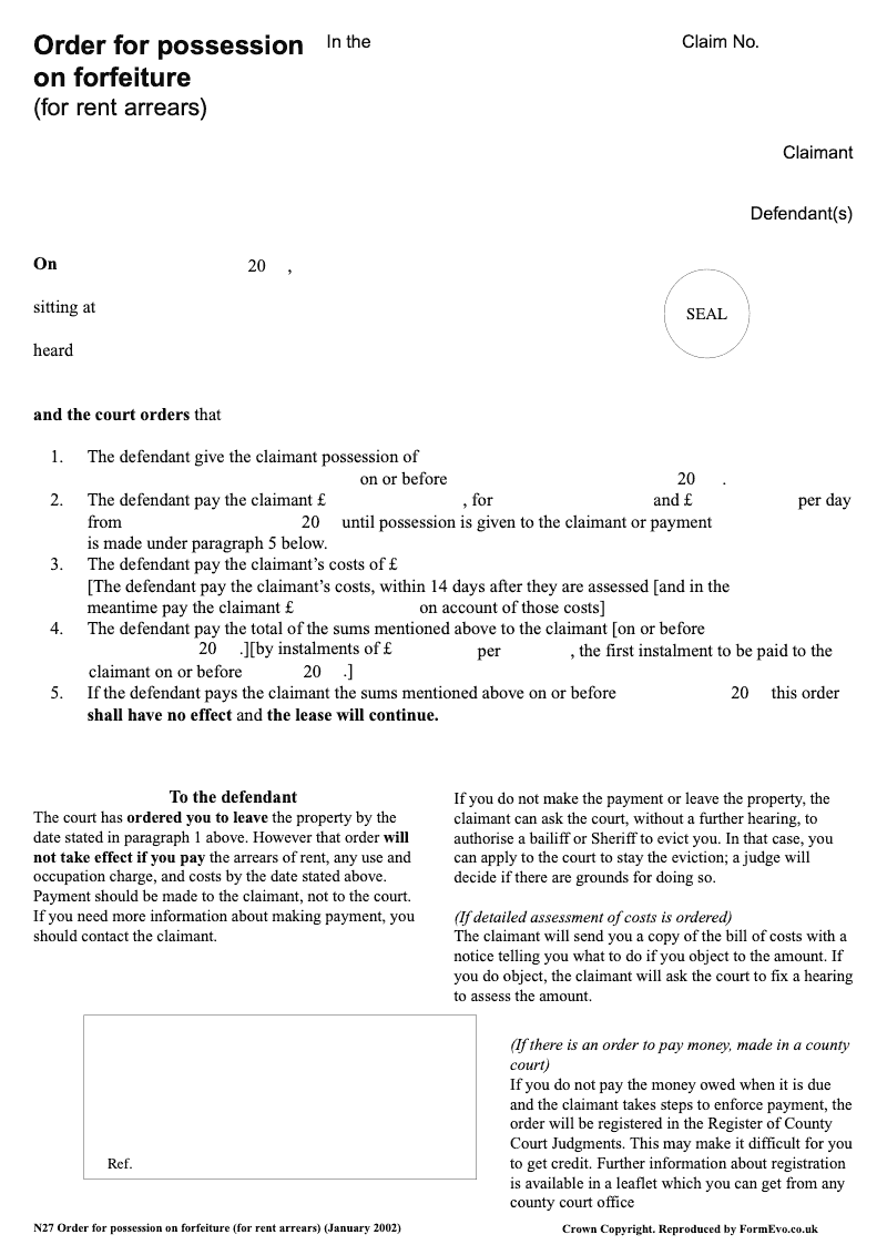 N27 Order for possession on forfeiture for rent arrears preview