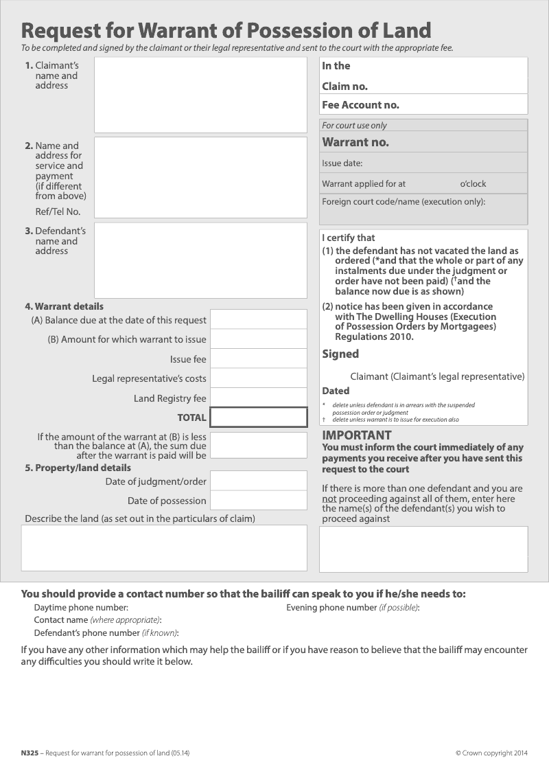 N325 Request for Warrant of Possession of Land preview