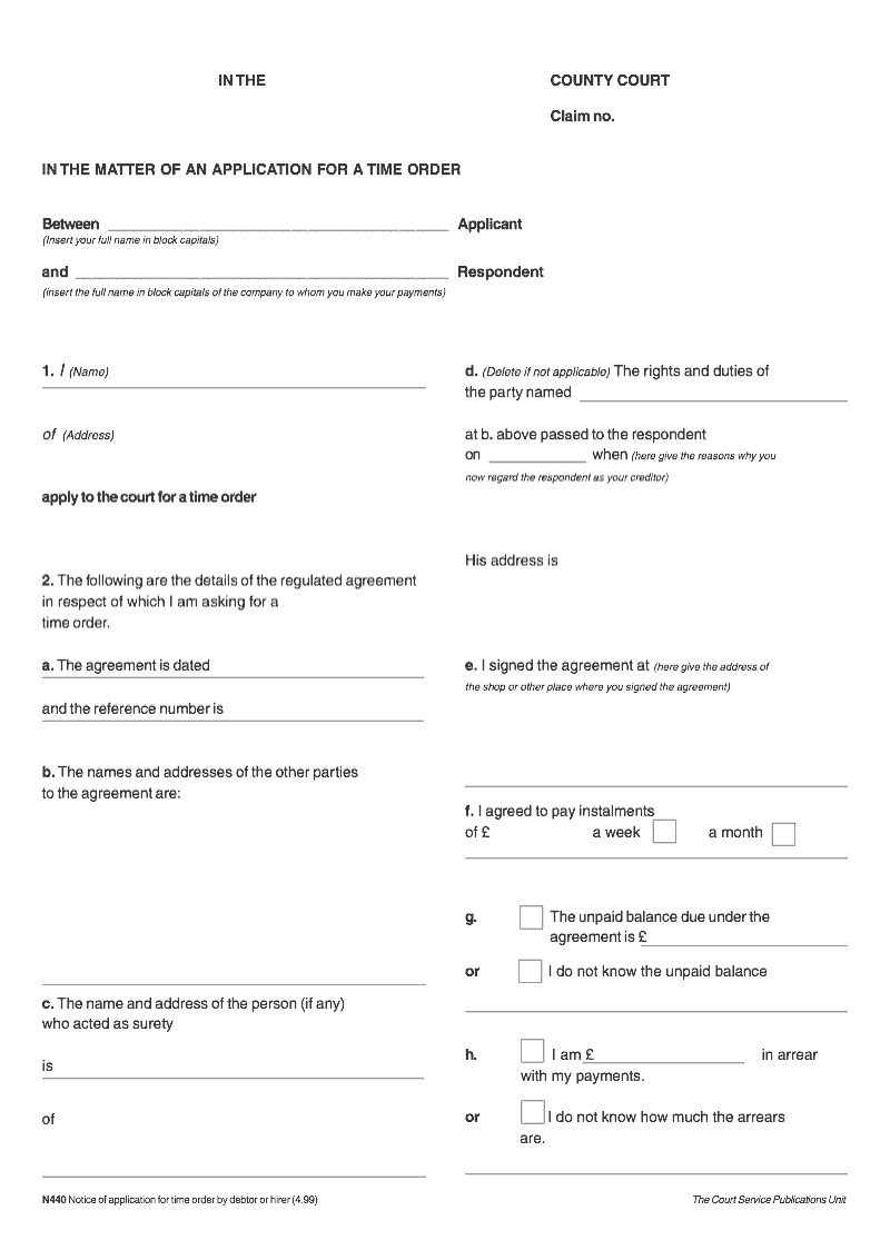 N440 Notice of application for time order by debtor or hirer preview