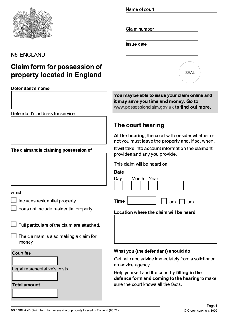 N5 Claim for possession of property preview