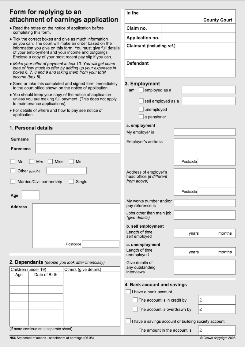 N56 Form for replying to an attachment of earnings application preview