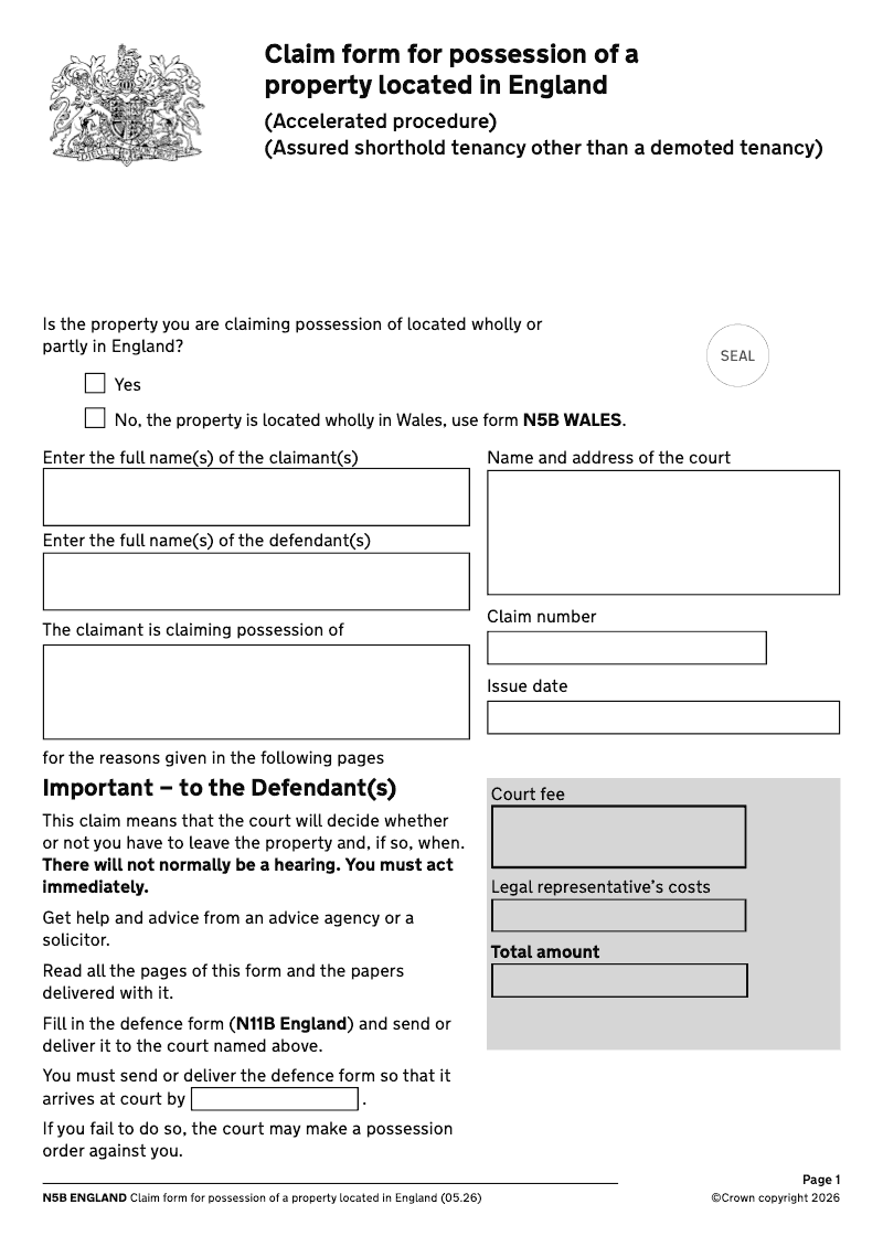 N5B England Claim form for possession of property located in England accelerated procedure assured shorthold tenancy preview