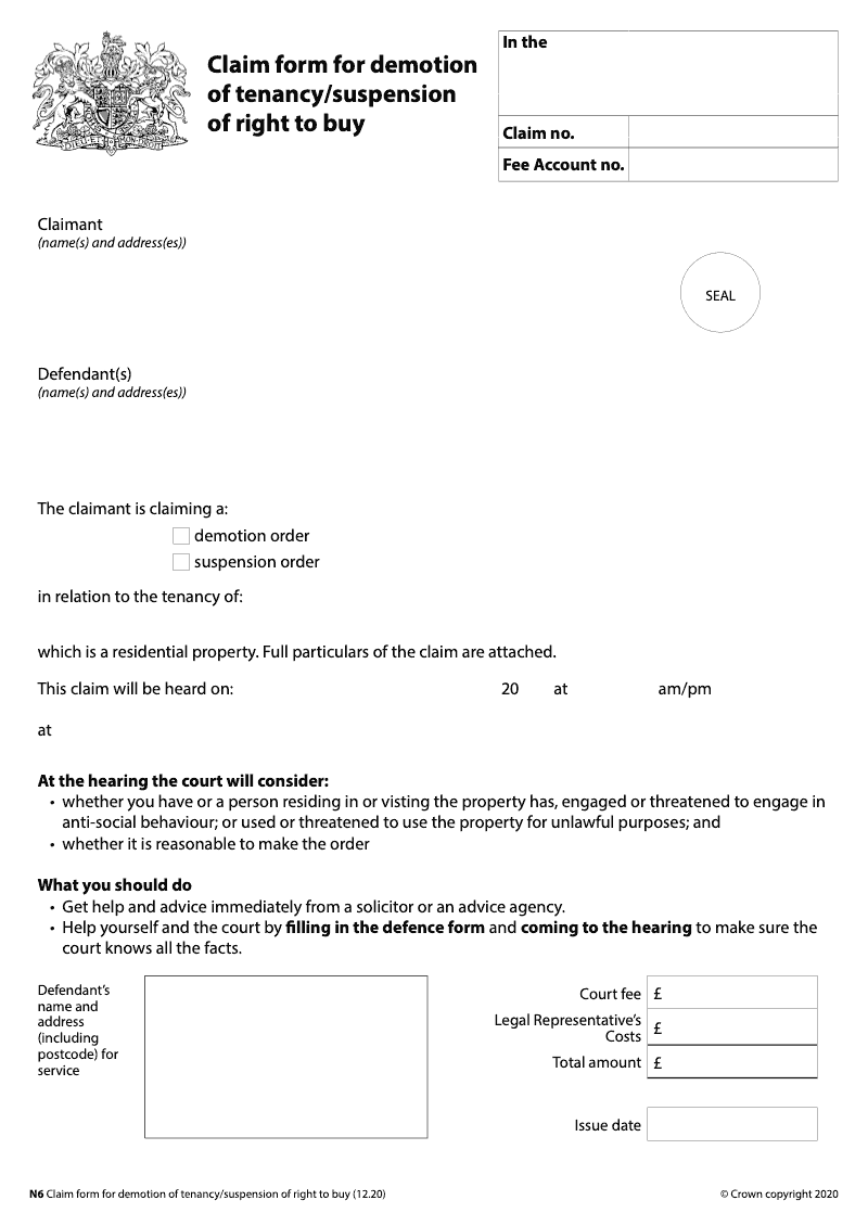 N6 Claim form for demotion of tenancy suspension of right to buy preview