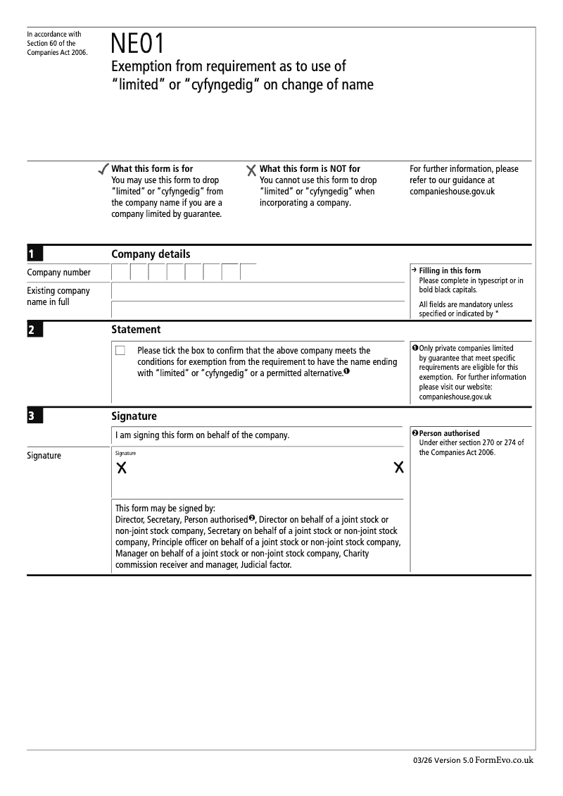 NE01 Exemption from requirement as to use of limited or cyfyngedig on change of name Section 60 preview