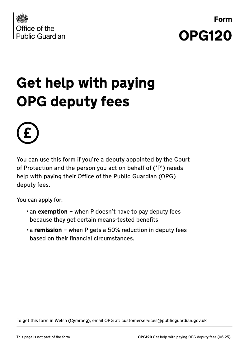 OPG120 Get help with paying OPG deputy fees preview