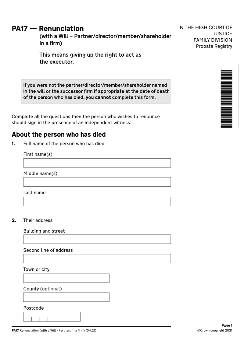 PA17 Renunciation with a Will Partner director member shareholder in a firm preview