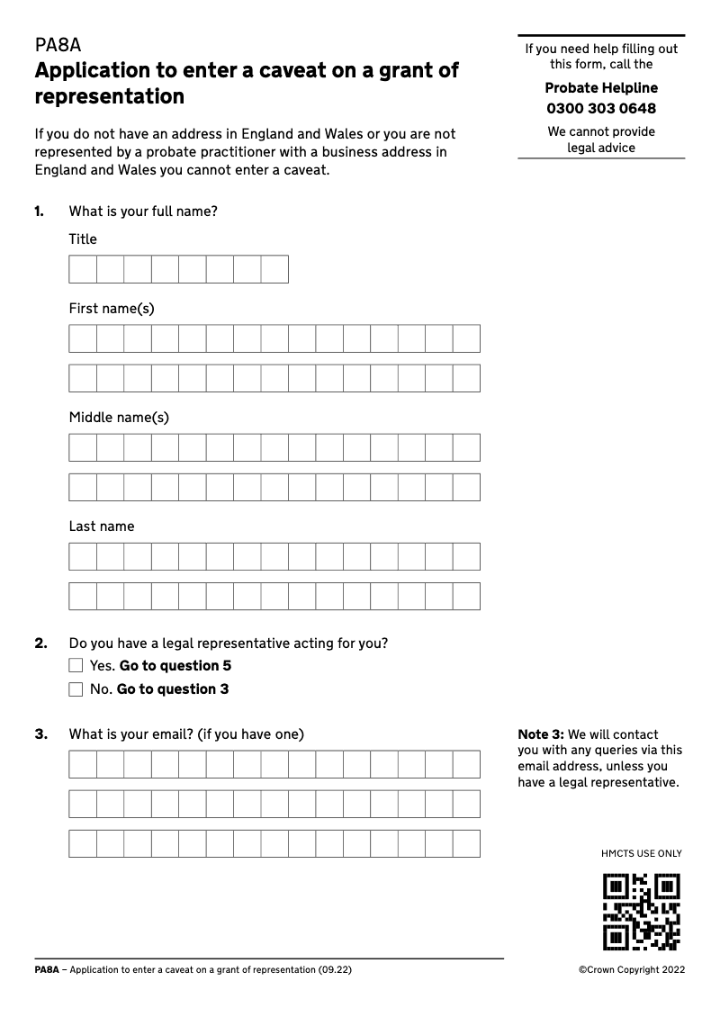 PA8A Caveat application form