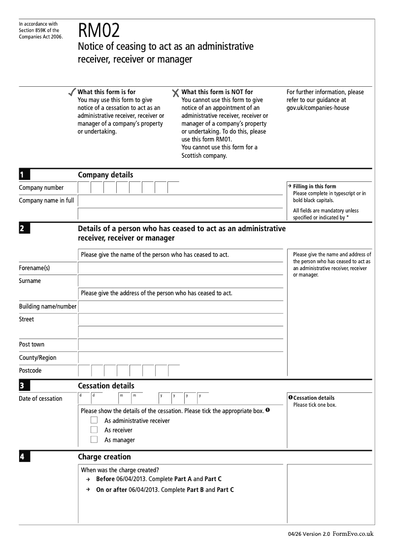 RM02 Notice of ceasing to act as an administrative receiver receiver or manager Section 859K preview