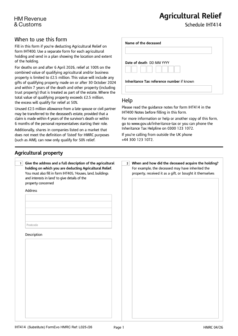 SA IHT414 Agricultural relief Schedule IHT414 Standalone version preview