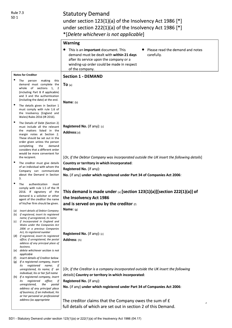 SD1 Statutory Demand under section 123 1 a or section 222 1 a of the Insolvency Act 1986 preview