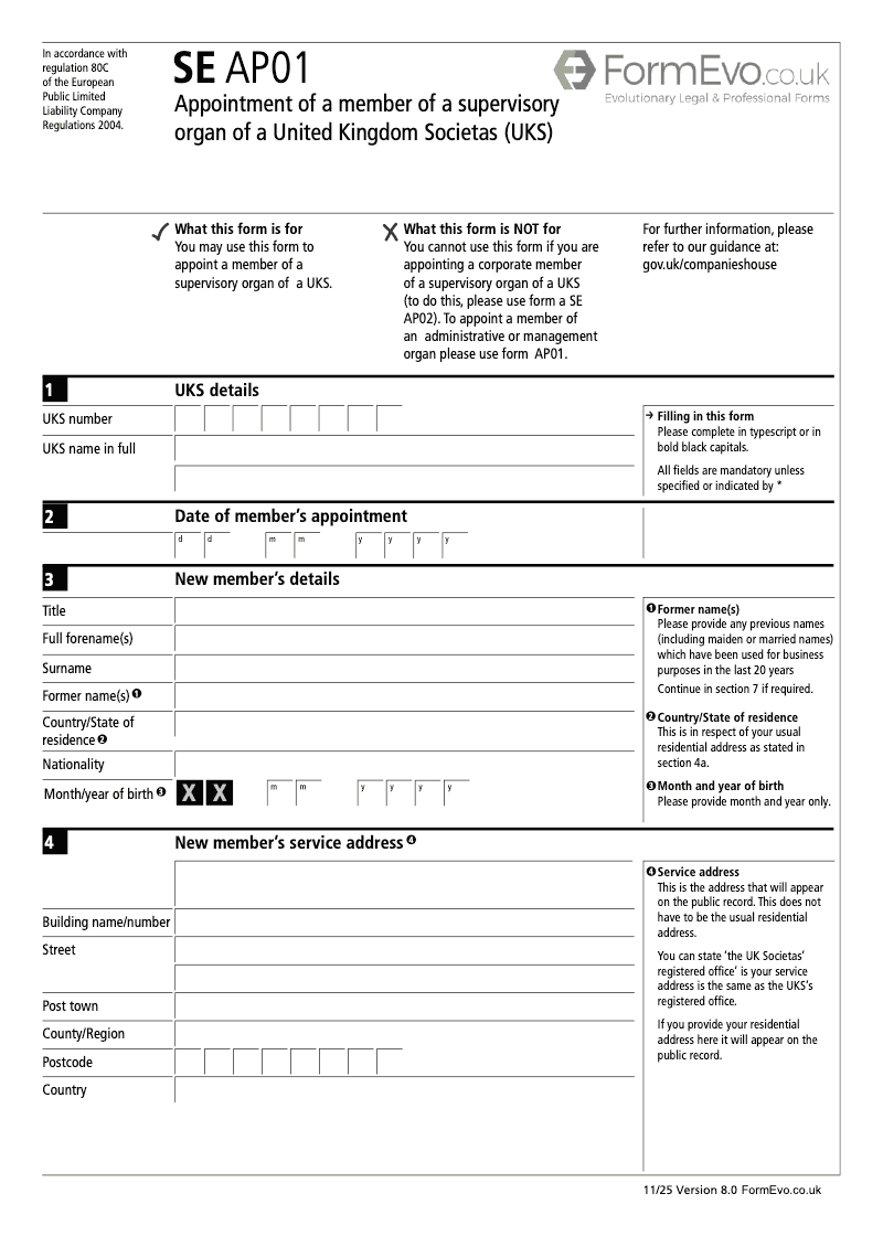 SE AP01 Appointment of a member of a supervisory organ of a Societas Europaea SE Regulation 80 c preview
