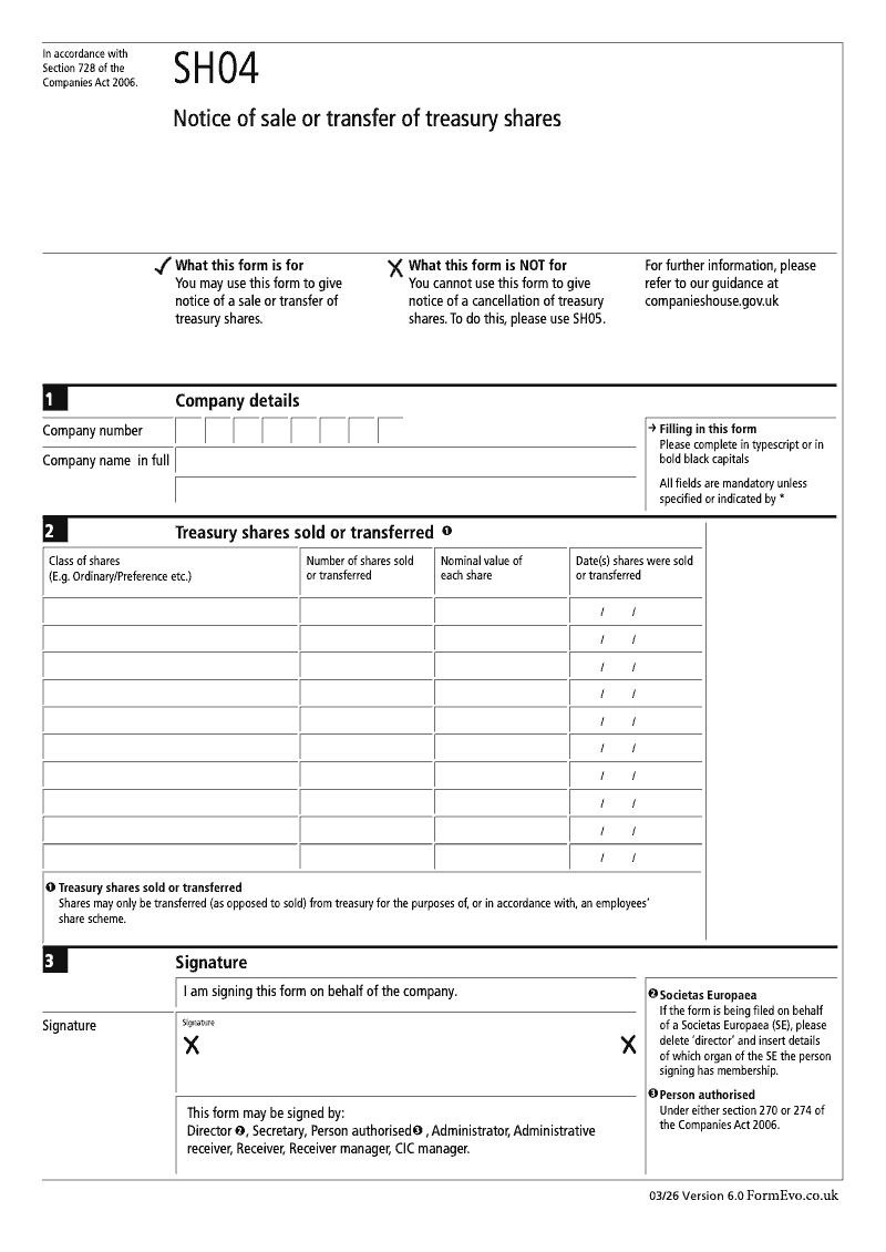 SH04 Notice of sale or transfer of treasury shares Section 728 preview
