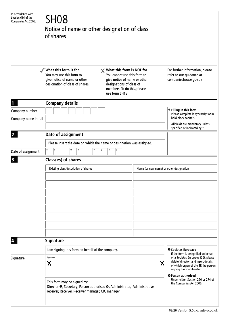 SH08 Notice of name or other designation of class of shares Section 636 preview