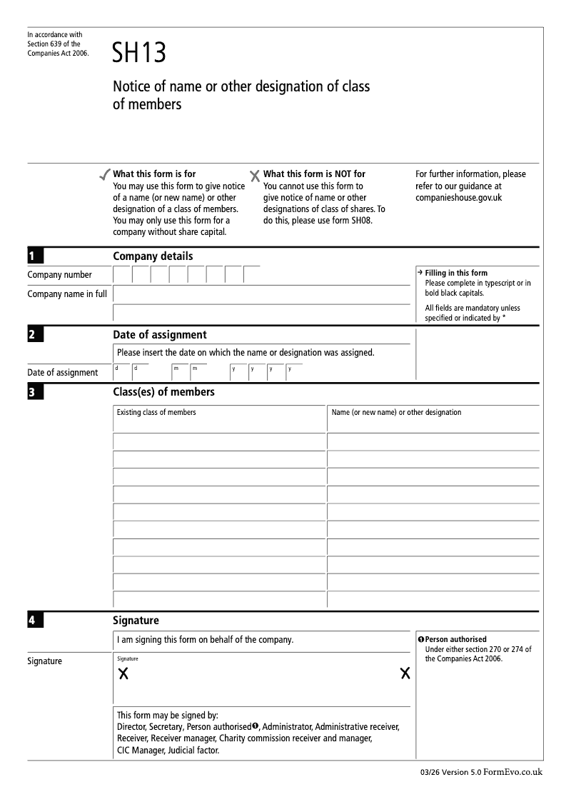 SH13 Notice of name or other designation of class of members Section 639 preview