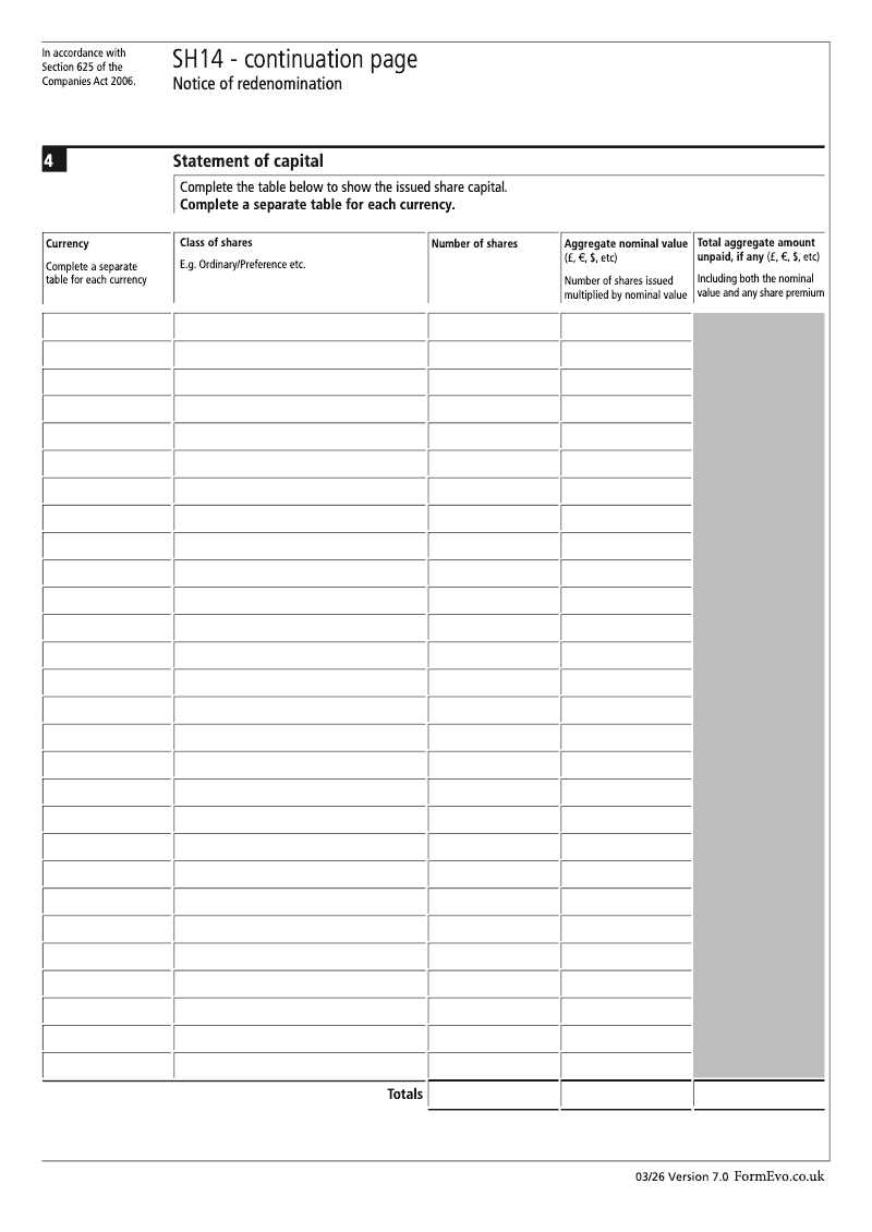 SH14 Continuation Page 1 Statement of capital continuation page SH14 Notice of redenomination Section 625 preview