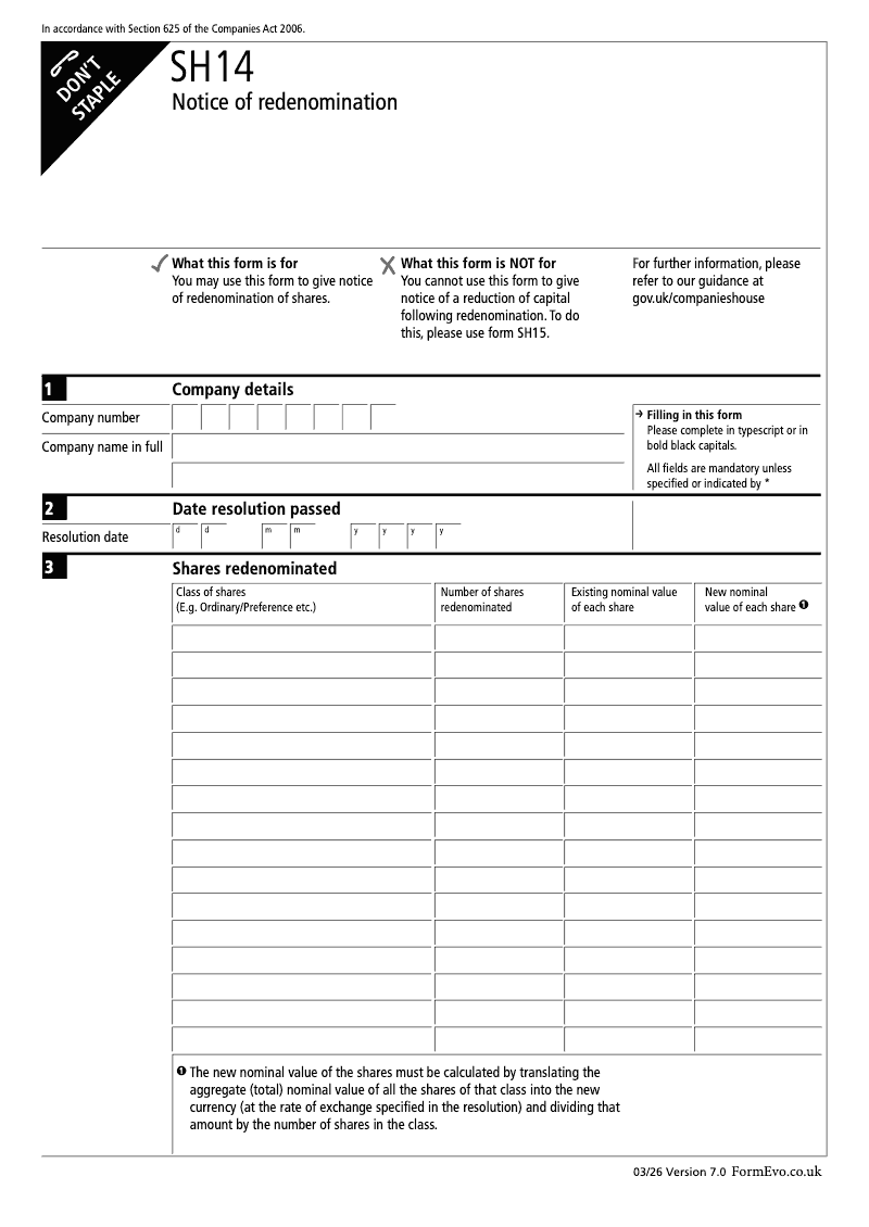 SH14 Notice of redenomination Section 625 preview