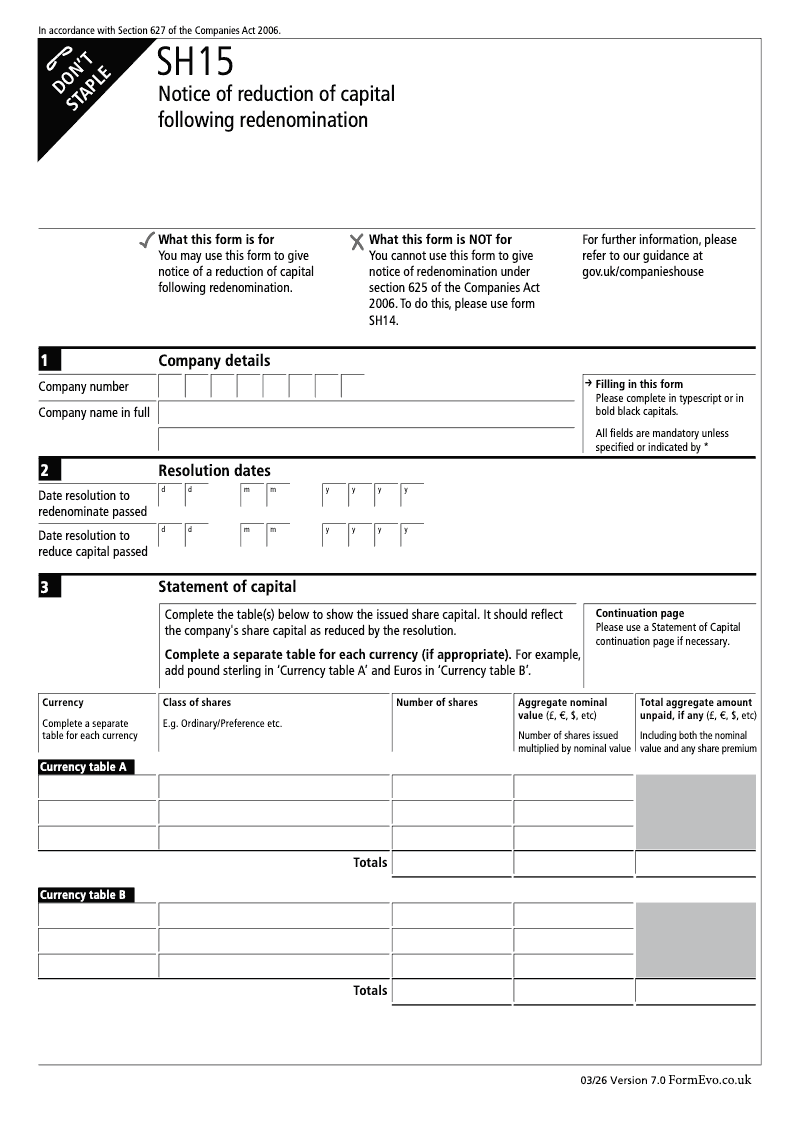 SH15 Notice of reduction of capital following redenomination Section 627 preview