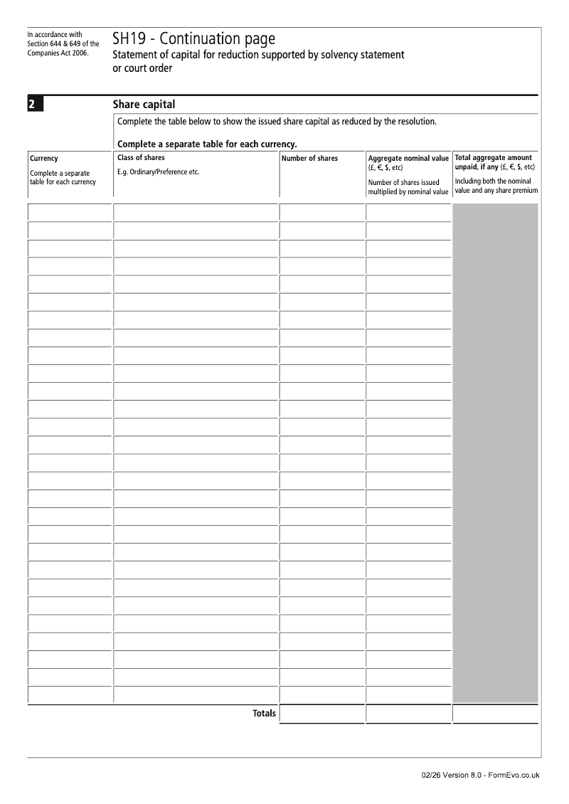 SH19 Section 644 Continuation Page 1 Statement of capital continuation page SH19 Statement of capital Section 644 649 preview