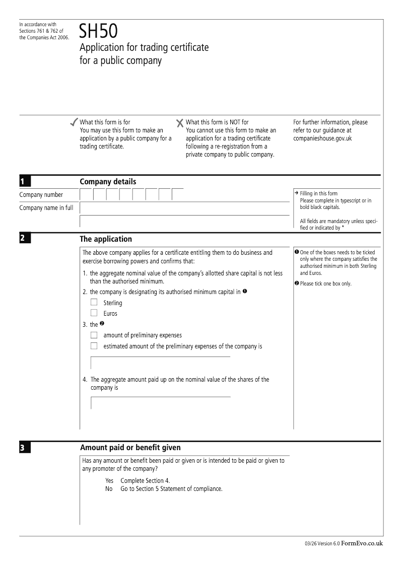 SH50 Application for trading certificate for a public company Sections 761 and 762 preview