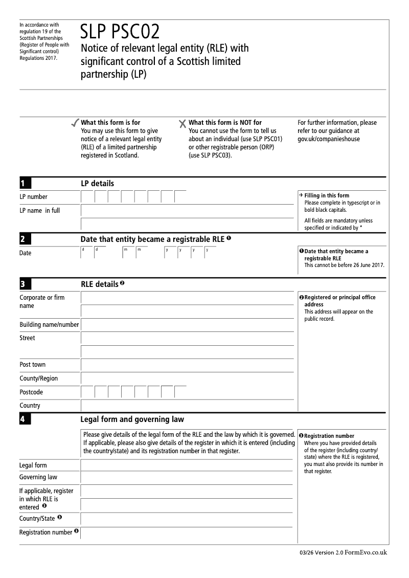 SLPPSC02 Notice of Relevant Legal Entity RLE with Significant Control of a Scottish Limited Partnership LP preview