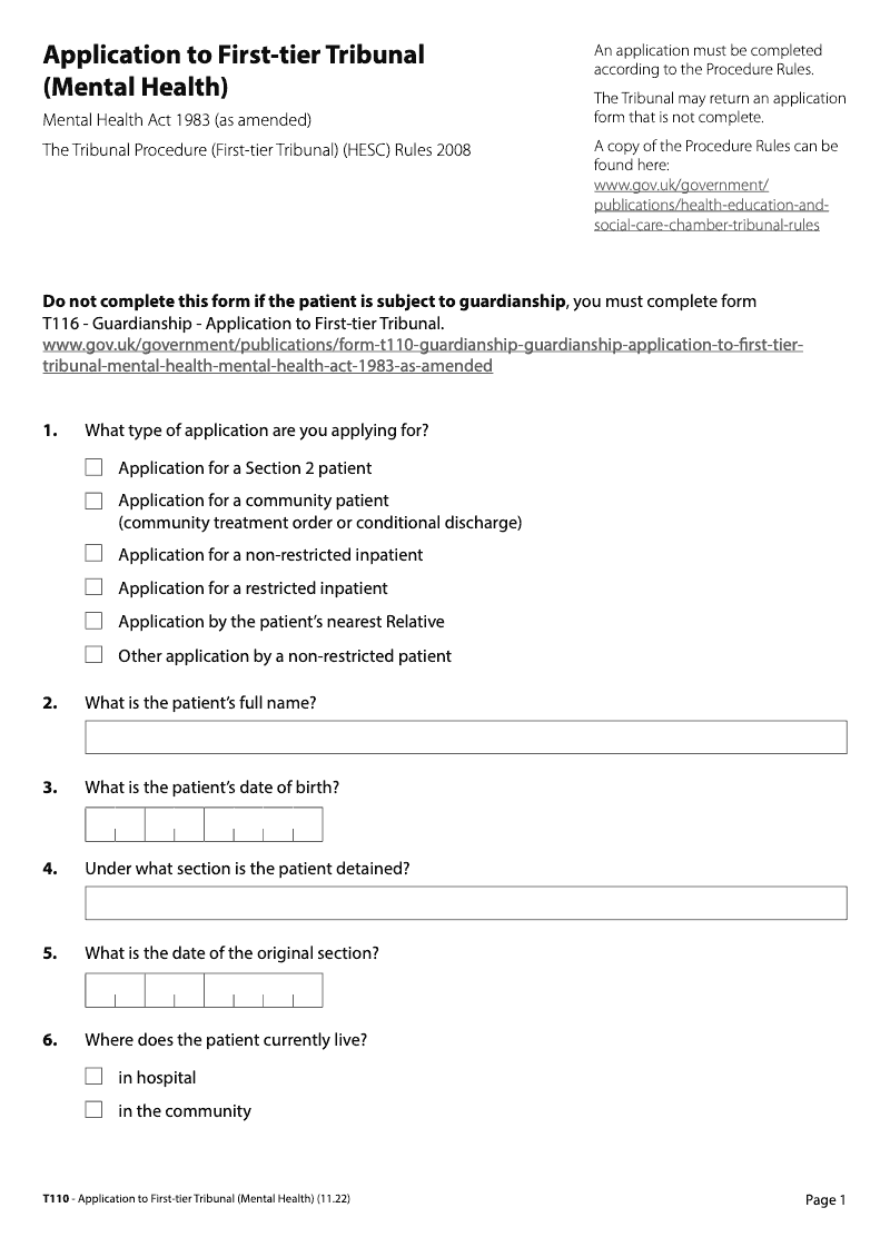 T110 Application to First tier Tribunal Mental Health preview